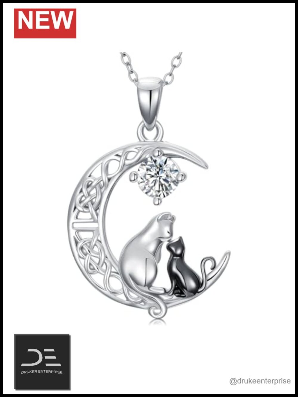 Moissanite Sterling Silver Cat Moon Necklace 18" Pendant Women Gift